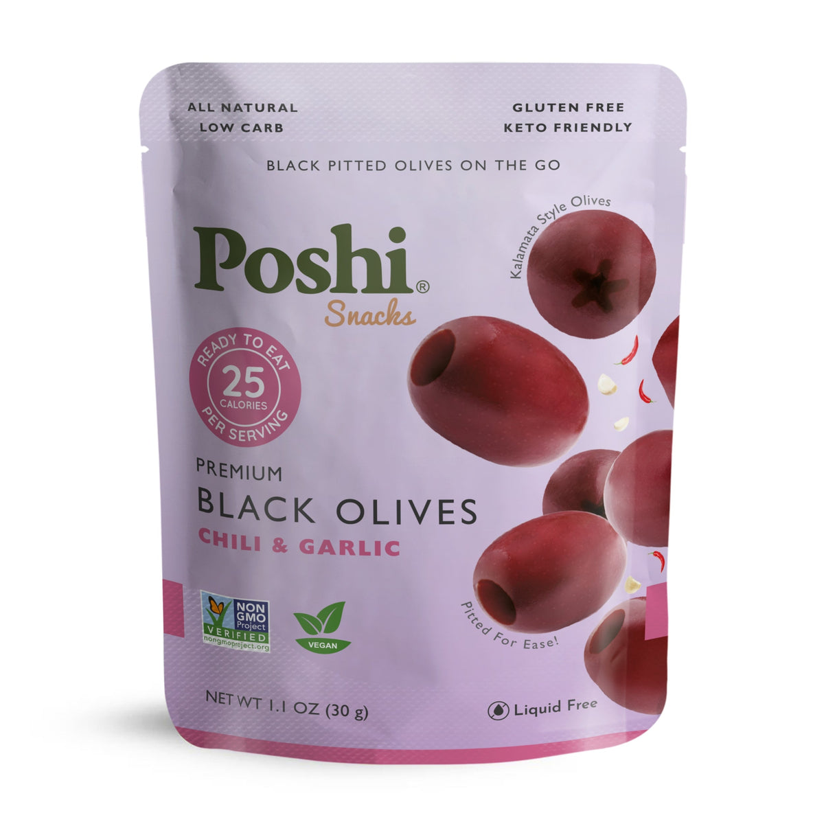 Poshi Kalamata-style Black Olives snack pouch